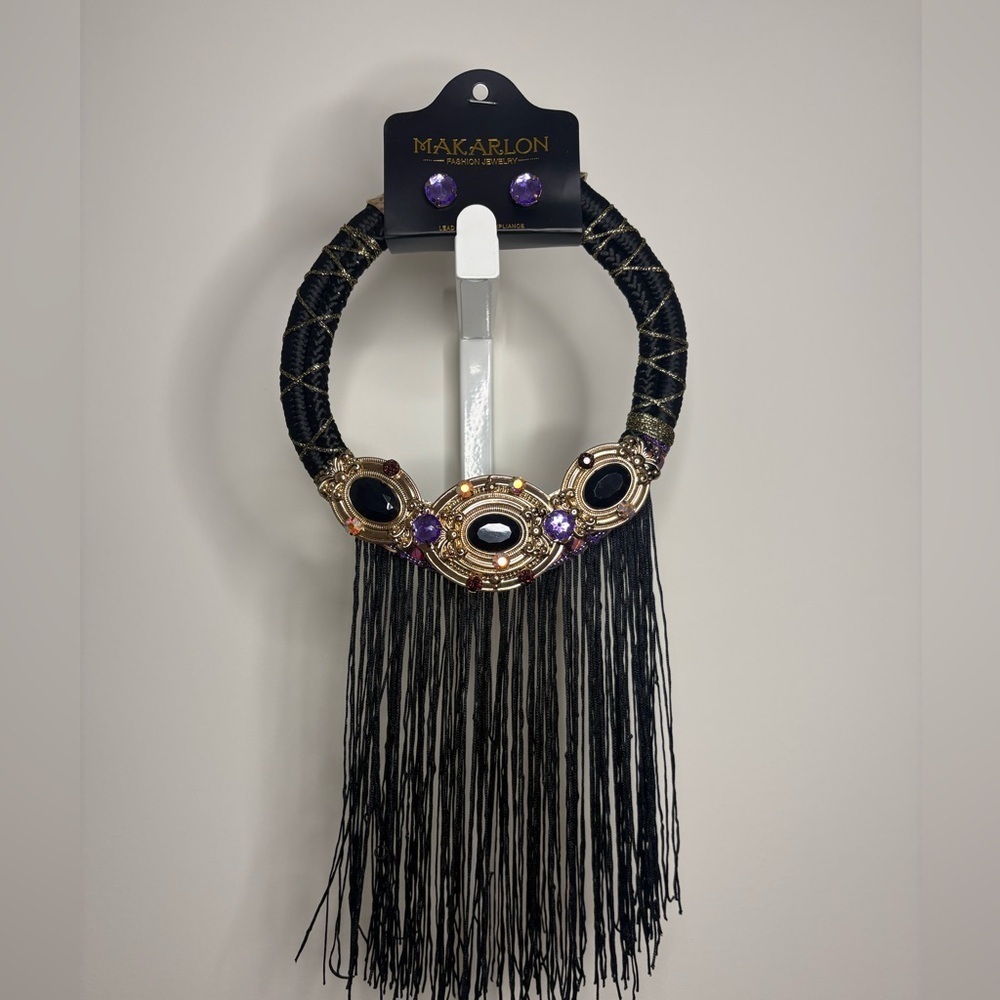 Makarlon Black Gold Fringe Statement Necklace Purple Beaded Boho